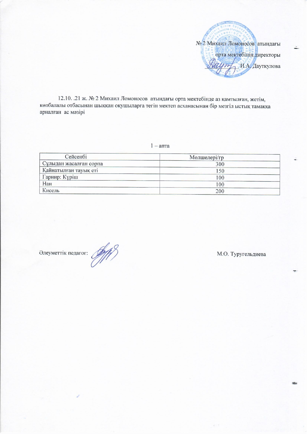 Меню 1 четверть